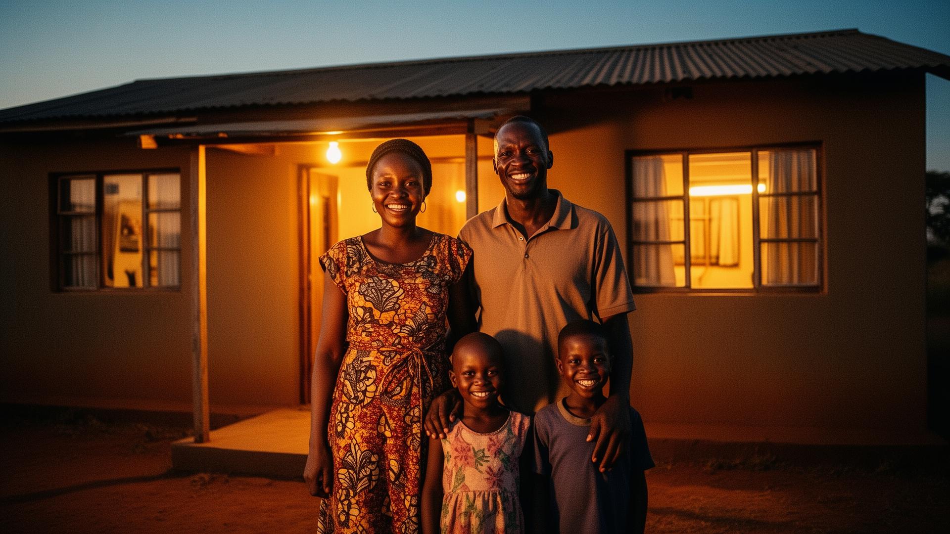 A Kenyan family outside their home, illuminated by solar light at dusk